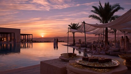 Fototapeta premium Sunset over tropical resort with palm trees and pool.