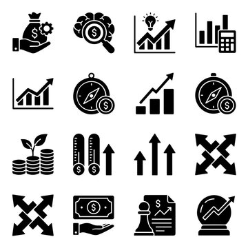 Financial Growth Icons Black Silhouette Set On White Background