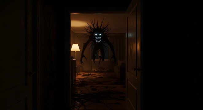 Terrifying shadow monster with glowing eyes standing in a dark room