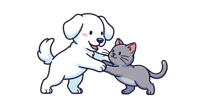 Cute cartoon dog and cat playing together.