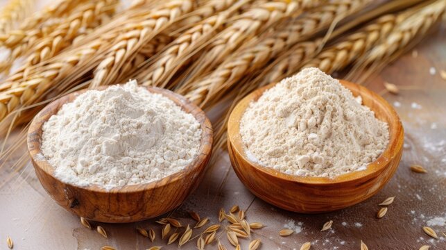 Two wooden bowls filled with fresh white flour on rustic surface with golden wheat stalks.