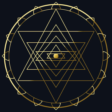 Elegant golden Sri Yantra sacred geometry mandala symbol on dark background for spiritual meditation and wellness.
