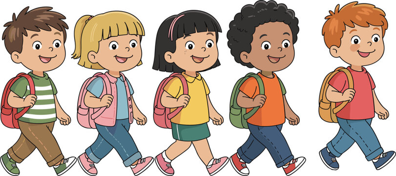 Cartoon children walking illustration, school kids with backpacks vector art, friendship learning activity design pack, colorful childhood collection