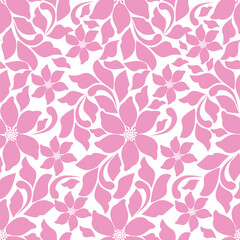Fototapeta premium Seamless floral pattern, romantic ditsy print, abstract flower ornament in spring vintage motif. Elegant botanical design of hand drawn pink flowers, tiny leaves, small bouquets. Vector illustration