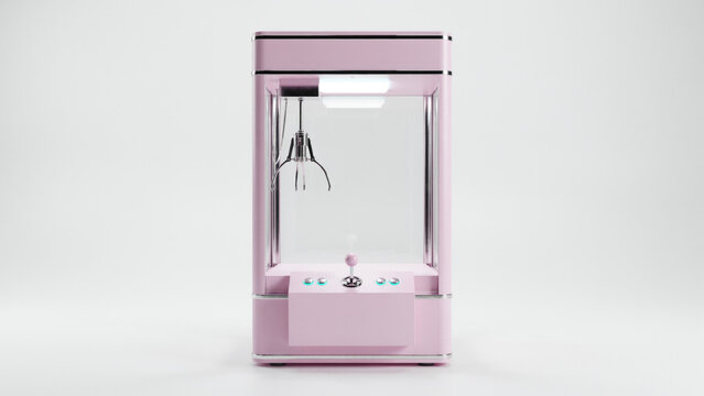Modern pink claw machine with metallic accents standing isolated against a clean bright white studio background