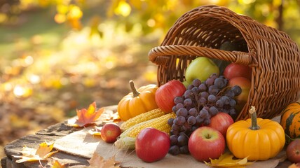 Fresh autumn harvest fruits and vegetables spilling from a wicker basket in a sunny garden © Monjurul