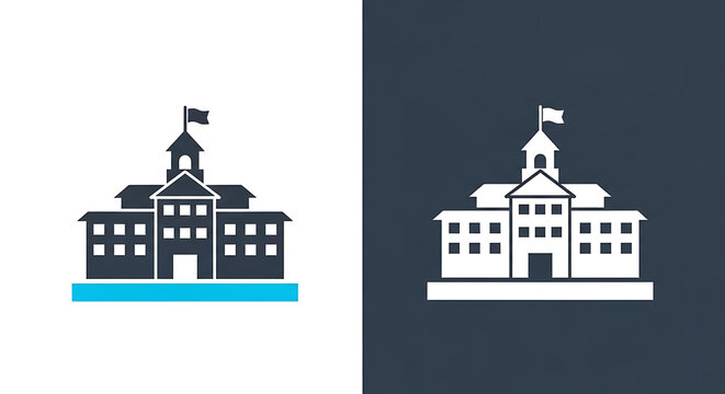Set of school building icons with clock tower and flag in flat design building education university academic institution architecture learning classroom structure