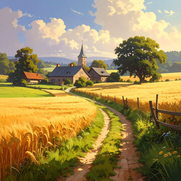Rural Village Landscape with Golden Harvest Fields and Church