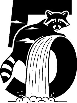 Raccoon perched on flowing waterfall design.