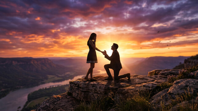 Couple proposing at sunset on cliff edge with dramatic golden hour sky and breathtaking natural landscape