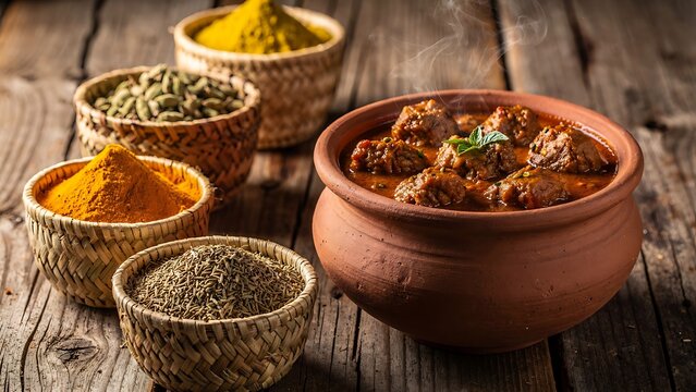 Traditional clay pots with aromatic spices and herbs.