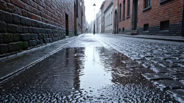 Wet cobblestone alleyway with brick buildings.