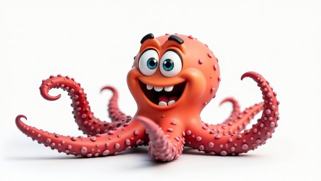Cartoon octopus character with a smiling face and large eyes, featuring vibrant pink and orange colors, sitting on a white background