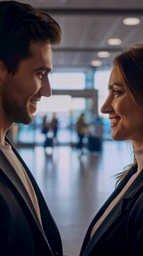 business couple meeting at airport terminal, man and woman with eye contact, emotional connection during arrival or departure, modern relationship moment, travel and reunion concept in public space