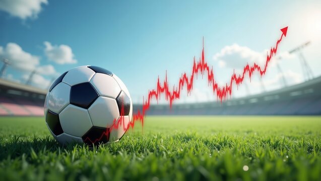 Soccer ball on green grass field in stadium with upward trending graph overlay representing growth in sports analytics and performance metrics