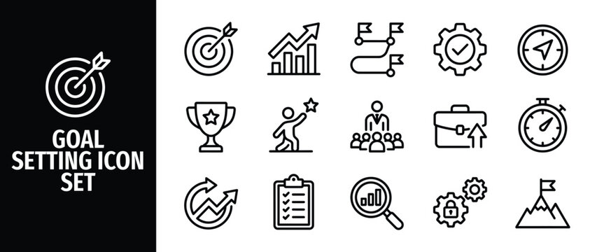 Goal setting icon set, business strategy and target achievement vector icons thin line design for web and mobile apps, project management, planning, and success concepts