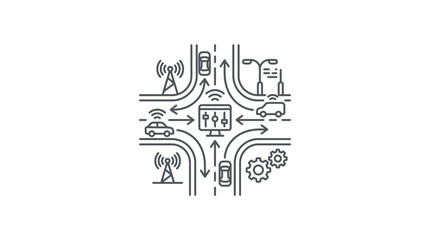 Fototapeta premium Line art icon of smart traffic and vehicle network.