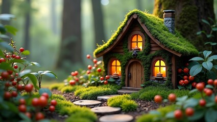 Fototapeta premium Miniature wooden cottage with moss-covered roof and glowing windows surrounded by vibrant greenery and red berries in a serene forest setting