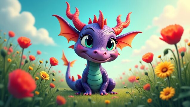 Colorful cartoon dragon character with large eyes and vibrant scales sits among blooming flowers in a sunny meadow under a blue sky with fluffy clouds