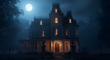 Obraz premium Haunted victorian mansion at night under a full moon