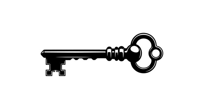 Vintage antique skeleton key, old metal key, black illustration, vector key icon