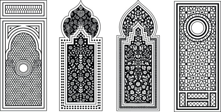 Islamic and Moorish ornamental window and door panel designs featuring geometric stars, floral vines, arches, and medallion motifs in black-and-white styleIslamic and Moorish ornamental window and doo