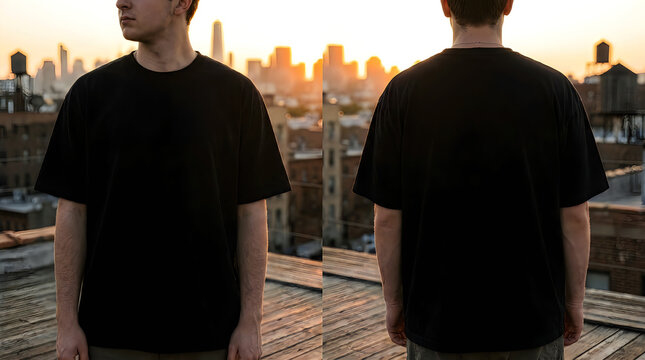 Diptych mockup of a young man on an outdoor urban rooftop terrace wearing a blank black oversized streetwear t-shirt, shown from the front and back view