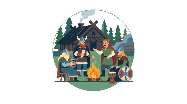 Viking Campfire Gathering: Music, Storytelling, and Community in Norse Village