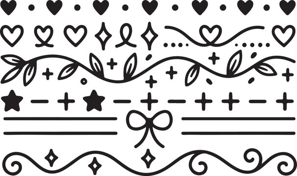 Hand-drawn decorative dividers and borders featuring hearts, leaves, stars, dots and a bow. Perfect for wedding invites, scrapbooking, stationery, social media graphics and feminine design projects