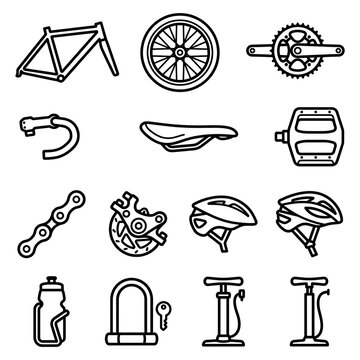 Minimalist bicycle parts and accessories icon set