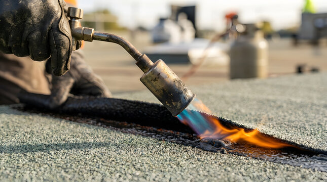professional flat roof waterproofing | bitumen membrane roofing installation | commercial roofer using gas torch | torch-on felt roof repair