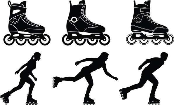 Rollerblading silhouettes set, inline skates skating posture icons, sports activity vector illustration, recreation mobility design pack