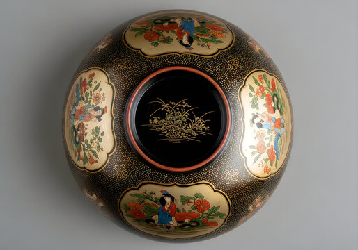 Top view of a traditional japanese lacquerware bowl with floral art