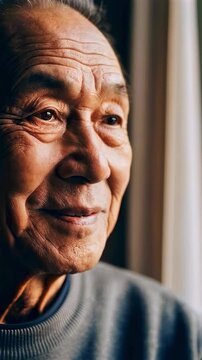 elderly man smiling softly near window, thoughtful expression, warm light on face, life experience and wisdom, calm reflective mood, senior lifestyle and inner peace concept