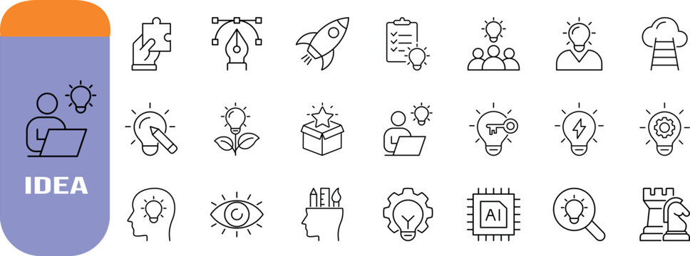 Business innovation idea vector icons. lightbulb icon set, rocket icon set, puzzle icon set