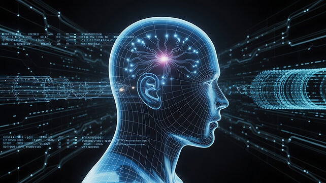 Technology and Side view of a humanoid head with blue and yellow eyes and vibrant neon neural network, representing futuristic technology and artificial intelligence.engineering concept
