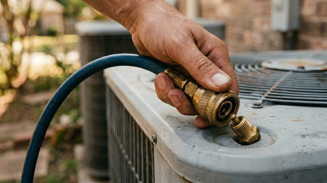Technician connecting refrigerant hose to ac unit| Residential air conditioner maintenance service| HVAC repair professional at work outdoors |Charging air conditioning system with freon