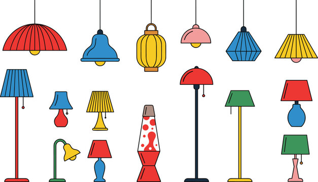 Vibrant Retro Lighting Asset Set Featuring Unique Ceiling Pendant Lights, Tall Floor Stand Lamps, Bedside Table Lamps, and Red Lava Lamp
