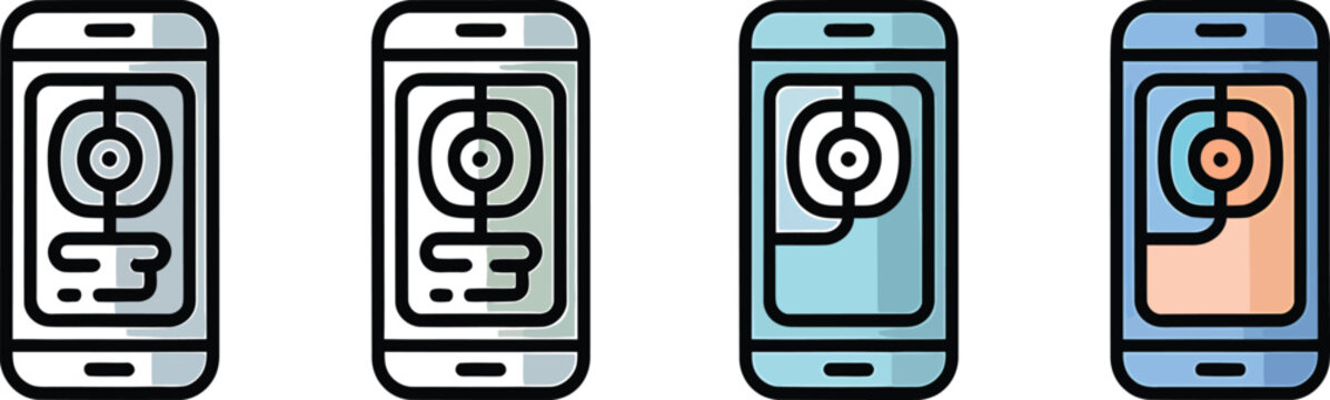 Four smartphone icons showing target crosshair app interface designs