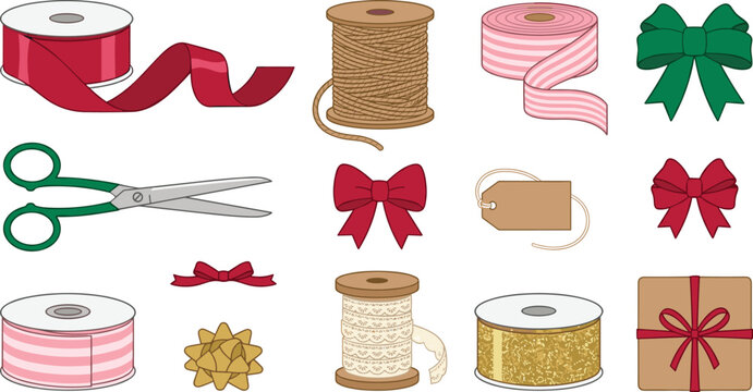 Gift Wrapping Ribbon and Bow Vector Set Featuring Spools of Twine Lace Scissors and Festive Box Package Design Elements