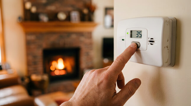 testing home carbon monoxide detector | hand pressing smoke alarm test button | residential fire safety equipment maintenance | checking digital wall mounted air quality sensor