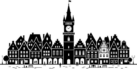 Fototapeta premium European Old Town Silhouette with Clock Tower Vector Illustration