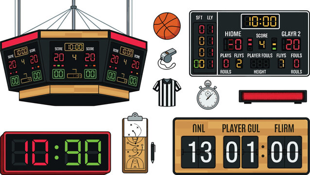 Basketball Scoreboard and Arena Electronic Timer Vector Set with Referee Shirt Whistle Clipboard and Digital Game Display Graphics