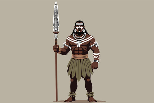 Powerful tribal warrior stands proudly holding a long ceremonial spear and wearing traditional handmade indigenous clothing.