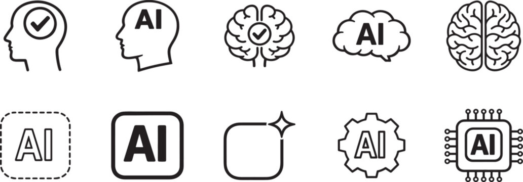 Set of 10 AI linear icons with editable stroke, featuring brain, chip and head symbols design.