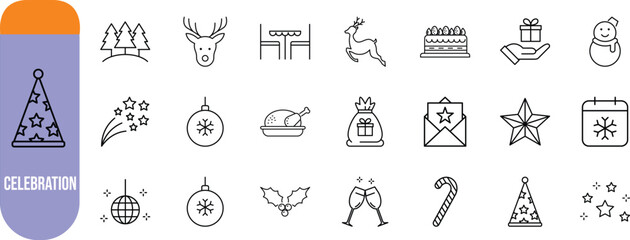 Christmas holiday celebration line icons. reindeer icon set, gift icon set, ornament icon set © Iconist