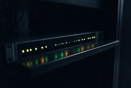 Glowing Status Indicator Lights on Power Distribution Equipment in a Dark Server Room