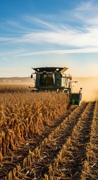Large green combine harvester cutting through golden dry corn field raising dust cloud under dramatic blue sky at warm autumn sunset, modern agricultural machinery concept, no people, vertical