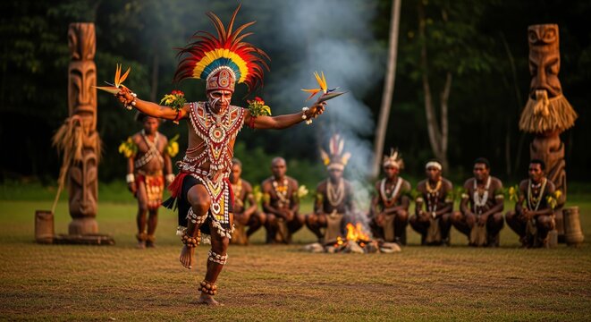 Energetic Melanesian tribal male dancer in vibrant feather headdress and face paint performing ceremonial solo dance with flower near totem and campfire surrounded by seated community, horizontal