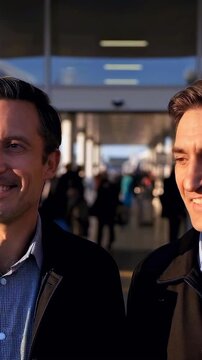 gay couple smiling outdoors, two men walking together in urban setting, expressing happiness, authentic relationship, modern lifestyle scene highlighting diversity, connection and emotional openness